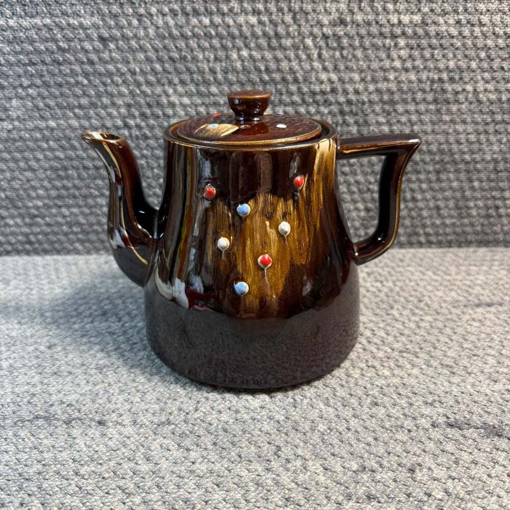 Vintage 1950's Tilso Japan Brown Handpainted Teapot Gold Metallic Rim Brown